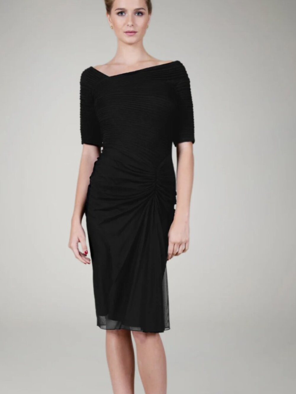Tadashi Shoji Draped Mesh Cocktail dress asymmetric neckline Ruched LBD sz XS